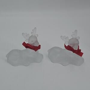 Reindeer Candle Stick Holders with Red Bow - Set of 2 Frosted Glass w/ Box